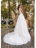 V Neck Pearls Beaded Ivory Lace Tulle Sparkly Wedding Dress
